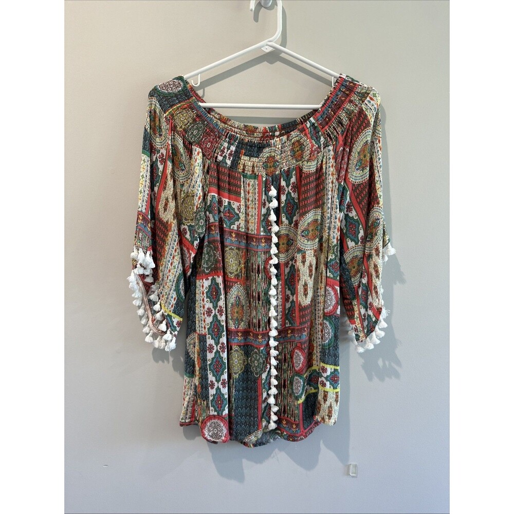 Soft Surroundings Boho Peasant Tassel Tunic Top Size Medium Cottage Hippie Artsy